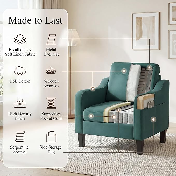 Accent Chair for Living Room, Mid-Century Upholstered Armchair with Foldable Table & 2 Side Pockets, Modern Linen Wooden Sofa Chair for Bedroom & Reading Room, Green
