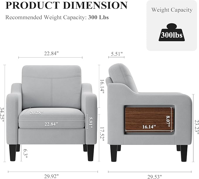 Accent Chair for Living Room, Mid-Century Upholstered Armchair with Foldable Table & 2 Side Pockets, Modern Linen Wooden Sofa Chair for Bedroom & Reading Room, Light Grey
