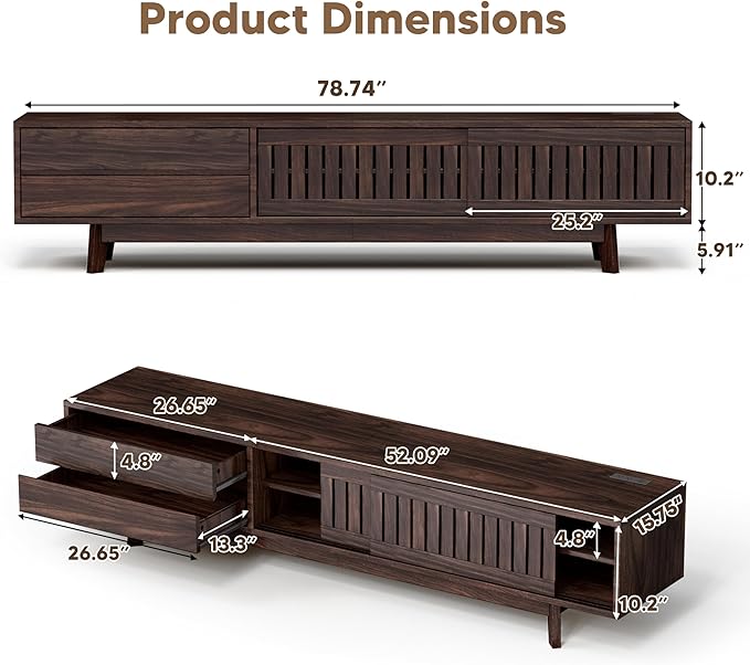 TV Stand for up to 85 Inch TVs, 78.7" Entertainment Center with Storage & Power Outlet, Mid Century Modern Media Console w Drawers and Sliding Door, Television Stands for Living Room, Walnut