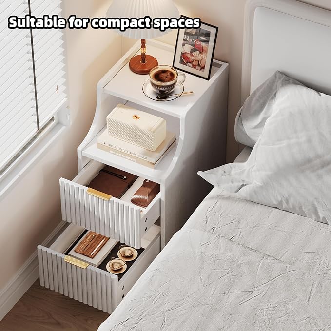 Narrow Nightstand Set of 2,11.8" Fluted Bedside Table Set of 2, Slim Side End Table with 2 Drawers, Wooden Bedside Table, White Wood Night Stand for Bedroom Livingroom Sofa Office
