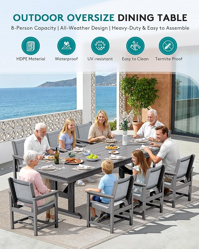 SERWALL 9 Piece Outdoor Dining Set, 84" HDPE Outdoor Large Table and Textilene Sling Chairs for 8，All Weather Patio Dining Furniture Set with Umbrella Hole for Backyard, Garden, Gray