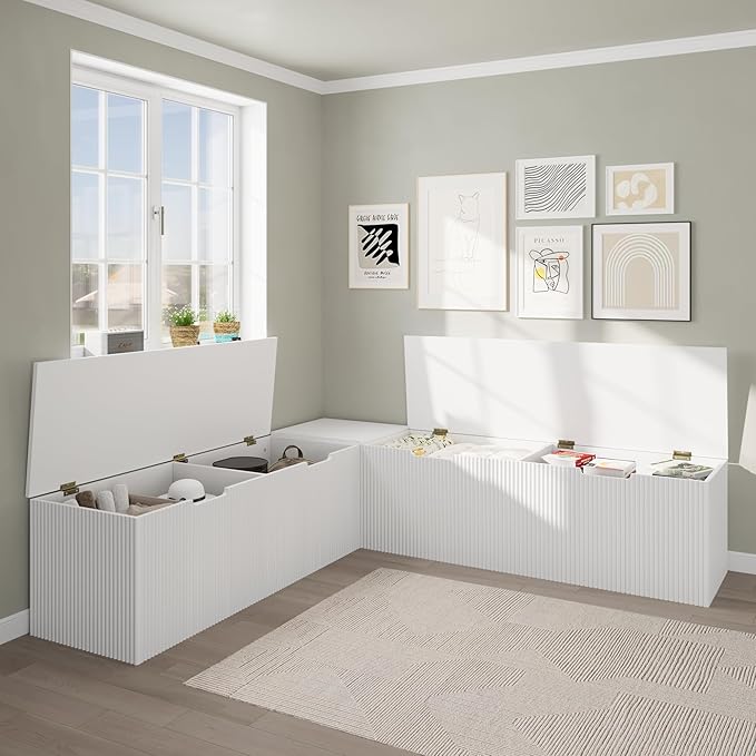 Bobve L-Shape Storage Bench with Cushion, Backless Corner Dining Bench, Kitchen Dining Nook Bench with Hidden Storage for Dining Room, Kitchen, Entryway (White)