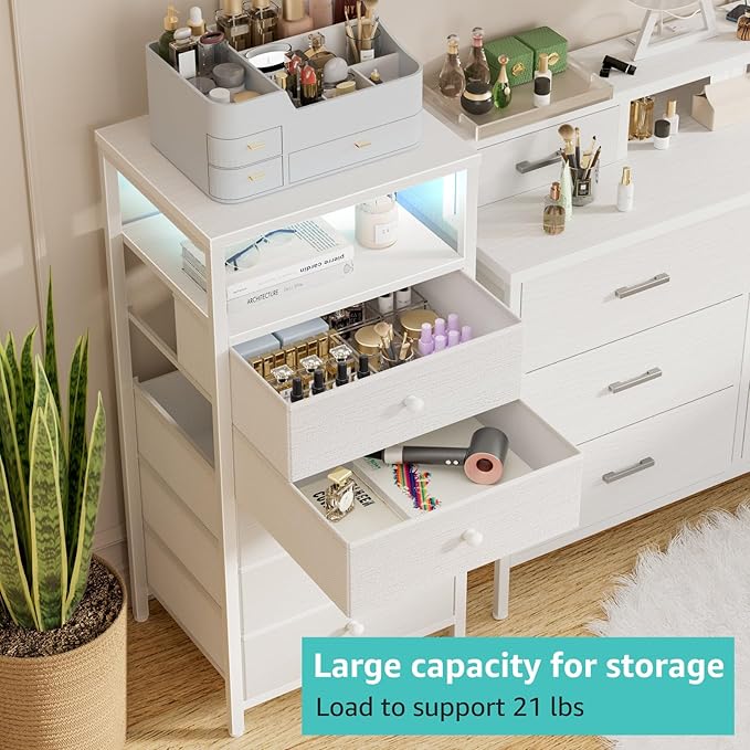 BOLUO White Dresser with 5 Drawers Tall Nightstand with Charging Station and LED Light, Bedside Table Room Storage Drawers Closet
