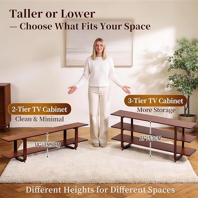 Tiita TV Stand with Storage for TVs up to 65'', Bamboo TV Console Entertainment Center with 2 Open Shelf, Mid Century Modern Media Console for Living Room, Bedroom, Walnut