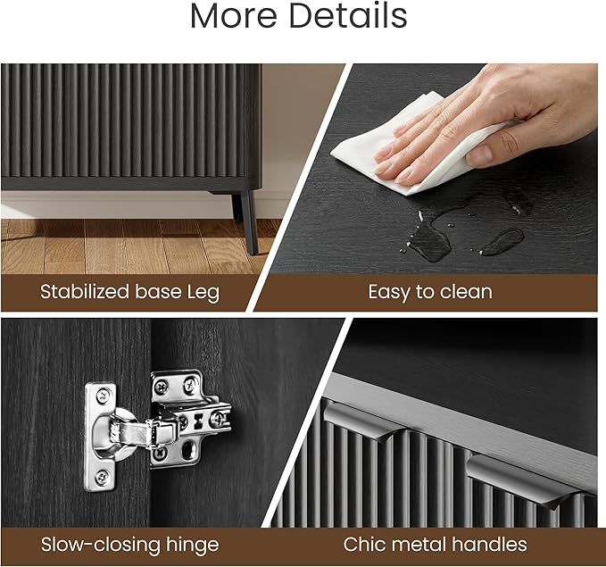 Fatmok Fluted Buffet Cabinet with Storage Set of 2, 31.4" Wide Wood Sideboard Credenza with 2 Doors & Open Storage Shelf, Modern Coffee Bar Table for Living Room Kitchen Dining Room,Black Grey