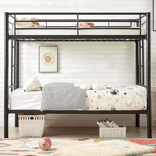 VECELO Metal Bunk Bed Twin Over Twin, Industrial Bunkbeds with Ladder and Full-Length Guardrail, Noise Free, No Boxing Spring Needed, Black