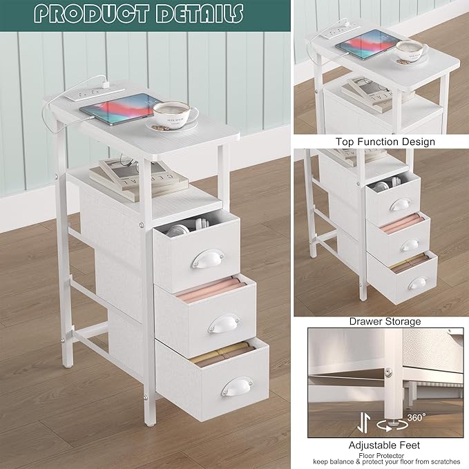 sthmec End Table with Charging Station,LED Side Tables with USB Ports and Outlets,Skinny Bedside Tables with 3 Drawers,Small Tabls Nightstands for Small Space,Slim Sofa Table for Livingroom, White