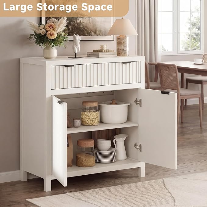 Fatmok Fluted Buffet Cabinet with Storage, 34" Tall Modern Arched Sideboard Cabinet w/AdjustableShelves,Wooden Modular Coffee Bar for Dining Room, Kitchen, Living Room, Entryway, White