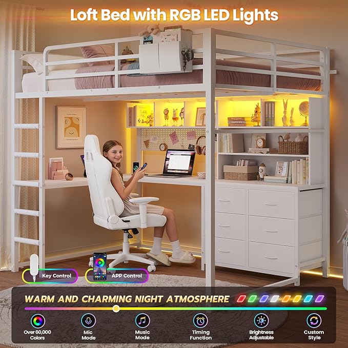 DICTAC Full Loft Bed with L-Shaped Desk,Bookshelf and Charging Station Metal Loft Bed Full Size with 6 Storage Drawers,Open Shelves and Hutch,Teens loft beds with Led Lights and Safety Guardrail,White