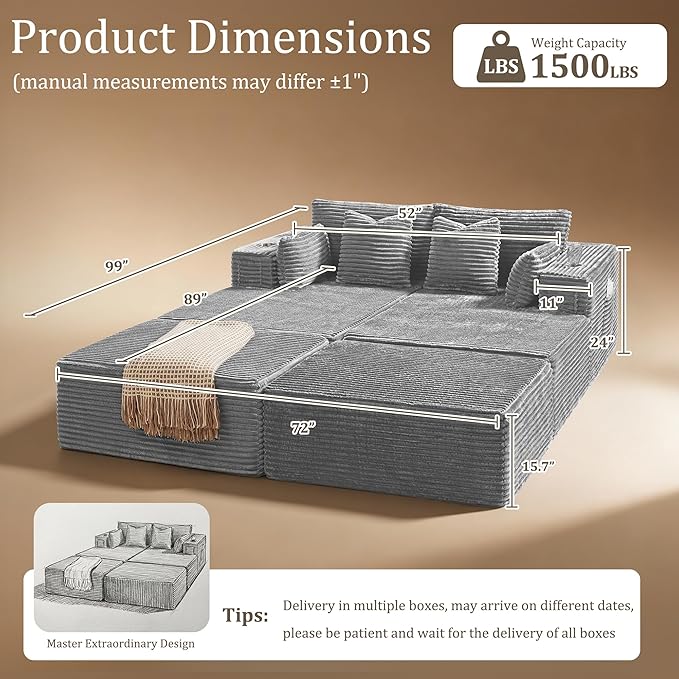 72" Cloud Sectional Couch, Comfort Sleep Sofa for Living Room, Extra Deep Seats No Assembly, Minimalist Modular Couch, Corduroy (Light Grey, Extend Loveseat Chaise)