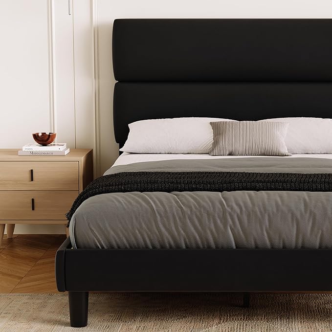 GRUSIGN King Size Platform Bed Frame with Velvet Headboard, Adjustable Height Wooden Slats Support, Upholstered Mattress Foundation, Fits Mattress or Mattress with Box Spring, Easy Assembly, Black