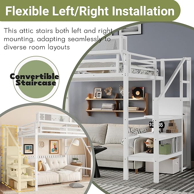 Mirightone Twin Size Loft Bed with Stairs and Storage, Metal Loft Bed Frame with A Shelf and Large Under-Bed Space, Heavy-Duty Loft Beds for Kids Boys Girls Teens, White