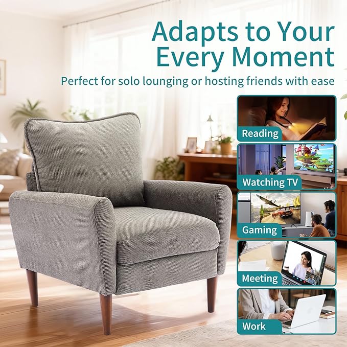 OLIXIS Comfy Accent Chair for Living Room Bedroom and Waiting Room, Upholstered Mid-Century Reading Chair with Pillow and Solid Wood Legs, Wide Singe Modern Lounge Sofa Gray, 2 Pack
