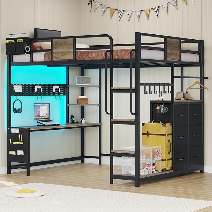 BYSAUD Full Size Loft Bed, Loft Bed with Desk, Full Loft Bed, 6 Storage Drawers & 4 Storage Shelves & 2 Storage Bags, LED Lights & Charging Station, Safety Guard & Ladder, Noise Free, Oak Gray