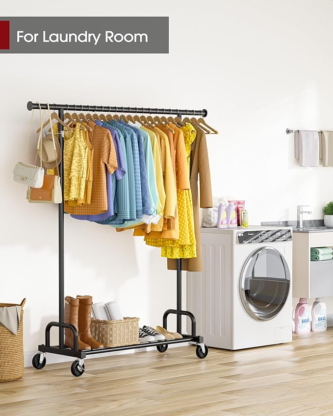 Sakugi Clothes Rack - Large-Capacity Clothing Racks for Hanging Clothes with Lockable Wheels, Space-Saving Metal Coat Rack for Bedroom, Laundry Room, Entryway, 45.6" x 16.9" x 59", Black