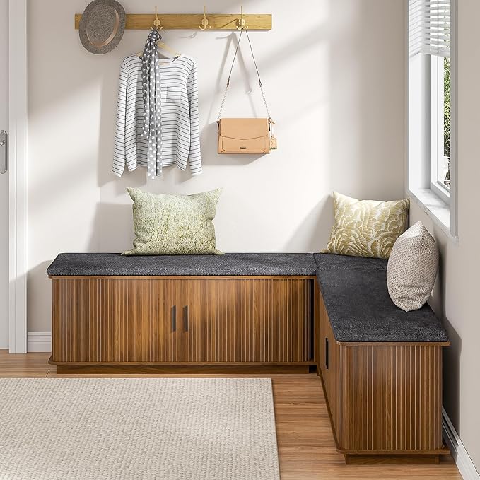 L Shaped Breakfast Nook Bench with Cushion, Kitchen Corner Bench with Hidden Storage, Backless Corner Dining Benches for Kitchen Dining Room Entryway