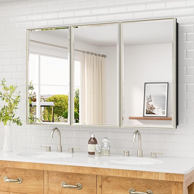 TETOTE Medicine Cabinet 48"x 30", Brushed Nickel Bathroom Medicine Cabinet with Mirror, Stepless Adjustable Shelves, Beveled Framed, Surface Wall-Mounted or Recessed