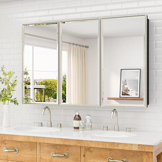 TETOTE Medicine Cabinet 48"x 30", Brushed Nickel Bathroom Medicine Cabinet with Mirror, Stepless Adjustable Shelves, Beveled Framed, Surface Wall-Mounted or Recessed