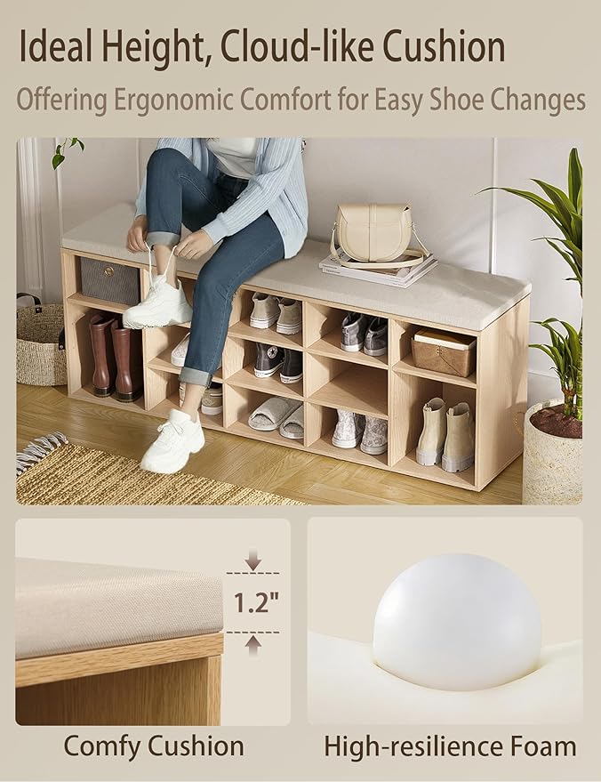 DINZI LVJ Shoe Storage Bench with Cushion, 13-Cubby Shoe Rack, Adjustable Shelves, Multifunctional Shoe Organizer Bench for Entryway, Mudroom, Hallway, Living Room, Bedroom and Garage, Natural