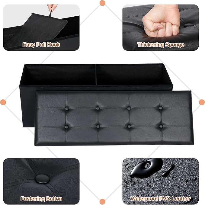 SUPER DEAL 43 Inch Folding Storage Ottoman Bench, Faux Leather Storage Chest Shoes Bench with Divider Padded Seat Couch Footrest for Bedroom Entryway, 660 lbs Capacity 43"x 15"x 15", Black