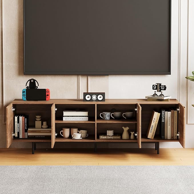 70.87" Mid Century Modern TV Stand, Walnut Media Console for 70 Inch TVs, Entertainment Cabinet with 4 Storage Compartments for Living Room or Bedroom