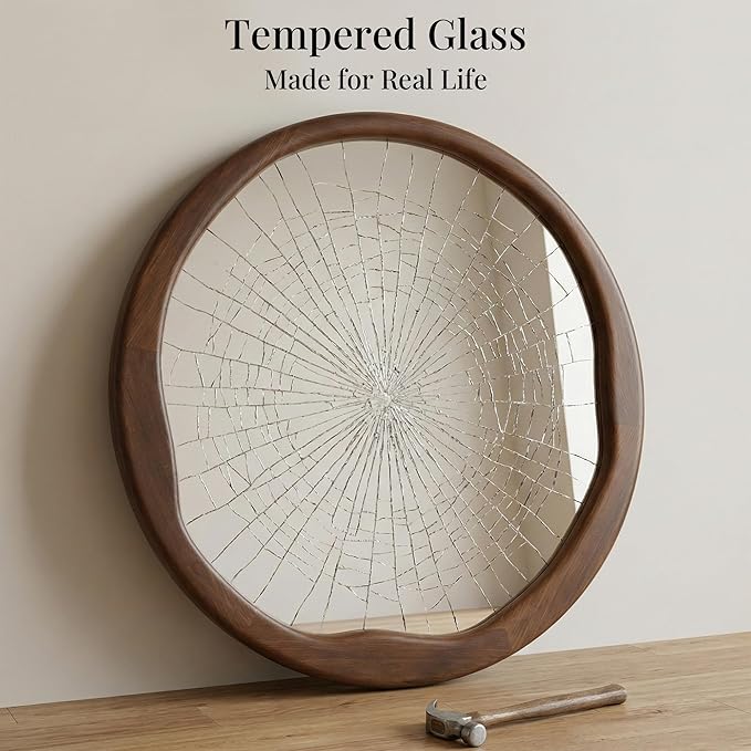 Dark Walnut Round Wall Mirror 24 Inch, Solid Wood Framed Mirror with Asymmetrical Wavy Inner Edge for Entryway, Organic Decor for Hallway & Bathroom