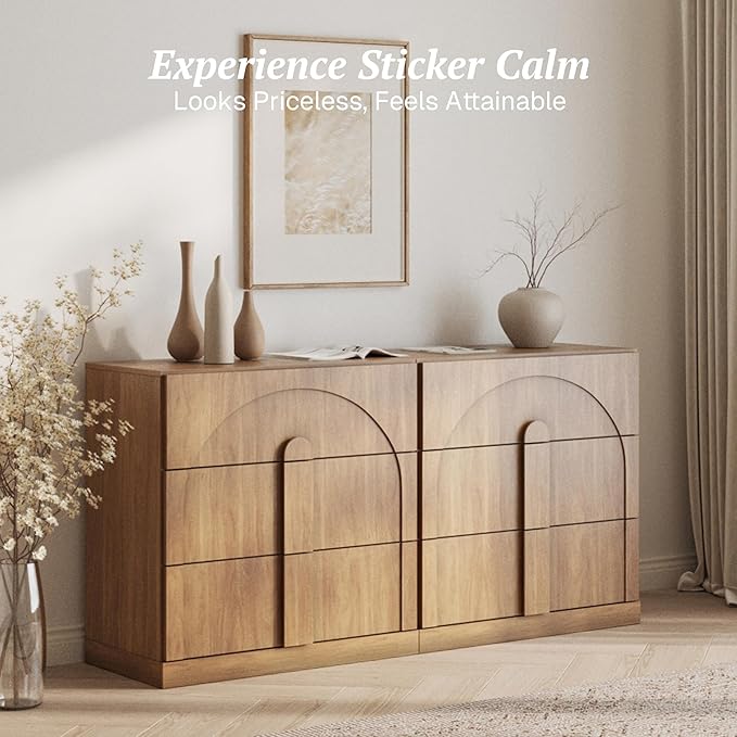 BELLEZE Sideboard Cabinet with 3 Drawers, Set of 2 Modern Wood Buffet Cabinet with Arc Design, Large Fluted Sideboard with Storage for Dining Room Living Room Entryway, Camel
