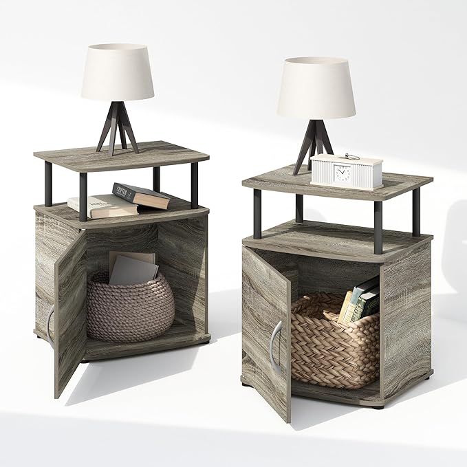 Furinno TIDUR Night Stand Set of 2, Nightstand with Open Shelf and Door Cabinet, Round Corner Bedside Table, End Table, Side Table, for Bedroom, Closet, Dorm, French Oak