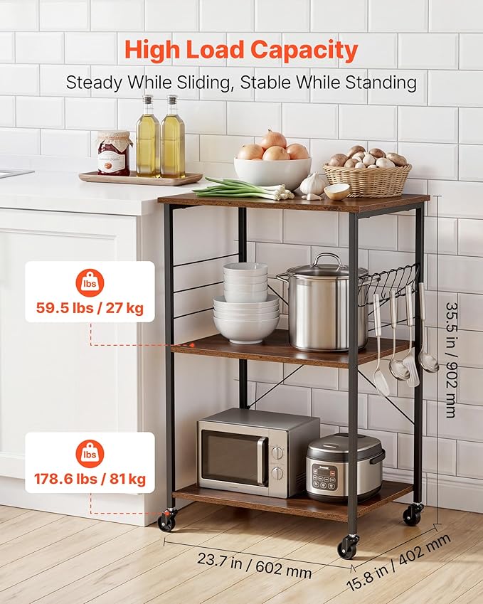 VEVOR Kitchen Utility Cart, 3 Tier 23.7 in Microwave Stand Coffee Cart, Heavy Duty Storage Rack, Service Trolley on Wheels, Industrial Rolling Work Table with 8 Hooks, for Mini Oven, Toaster, Vintage