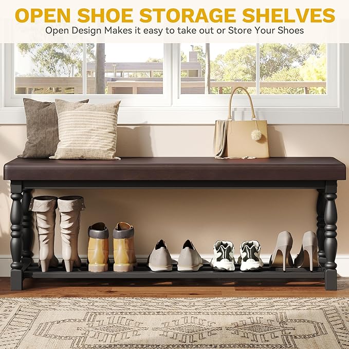 DWVO 48" L Entryway Shoe Bench with Cushioned Seat & Storage for 5-6 Pairs of Shoes, Shoe Rack with Roman Style Legs for Hallway Mudroom Dressing Room, Brown & Black