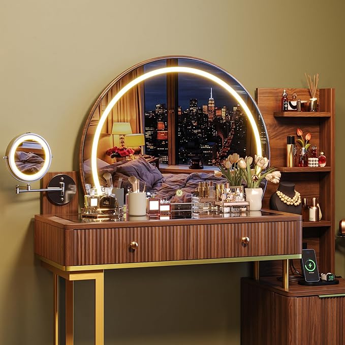 Einhomn Vanity Desk w/5x Magnifying Mirror, Fluted Makeup Vanity w/Mirror and Lights, Glass Top Vanity, Dressing Table w/Power Outlet & Drawers, Adjustable Shelves for Bedroom, Women & Girls, Brown