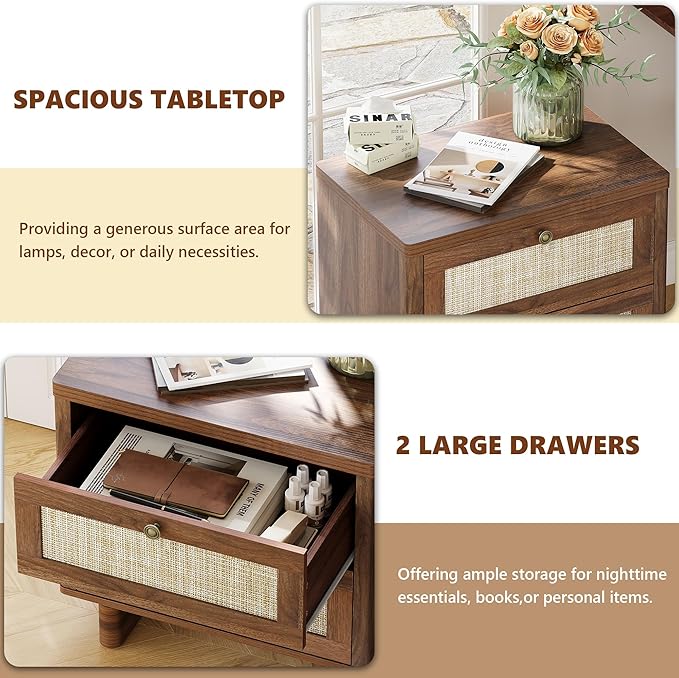 LAZZO Nightstands Set of 2, Mid Century Modern Night Stand with Rattan Drawers, Walnut Nightstand Bedside Table Set of 2, End Table for Bedroom (Walnut)