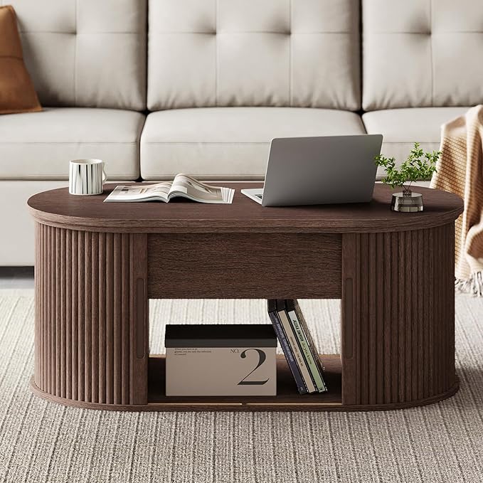 LINSY Lift Top Coffee Table, Oval Fluted Coffee Table with Storage, Mid Century Modern Wooden Coffee Tables with Sliding Tambour Door, 39" Center Table for Living Room, Office, Small Space, Walnut