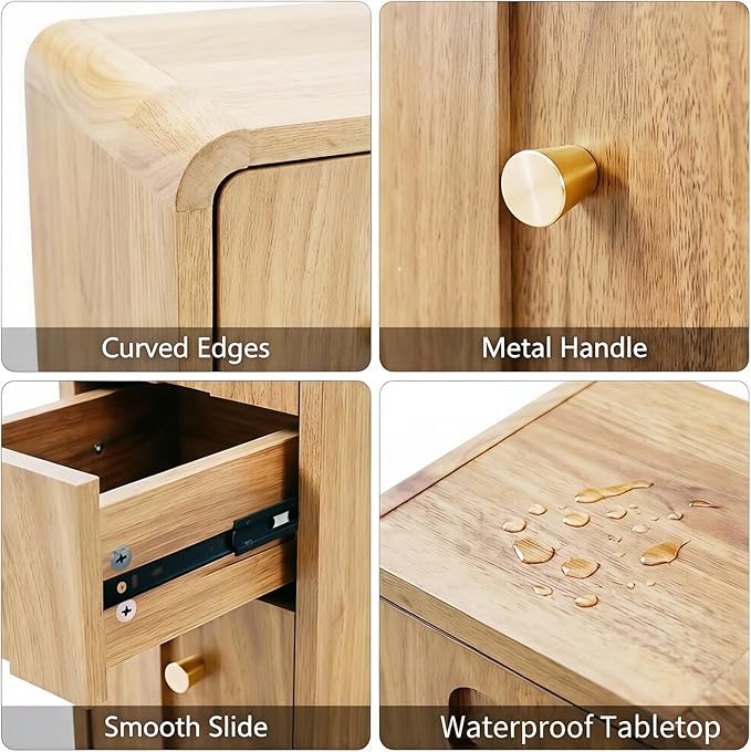 Narrow Nightstand Set of 2, Small Bedside Table with 3 Drawers, Mid Century Modern Skinny Night Stand with Storage, Wood Slim Side Table for Bedroom, Living Room (Natural-2pcs)