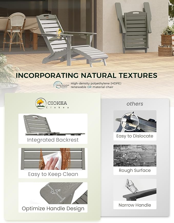 Ciokea Folding Adirondack Chair Set of 2 with Retractable Ottoman Fire Pit Patio Chair with Pull Out Foot Rest Weather Resistant Lawn Outdoor Chair with 2 Cup Holder (Gray)