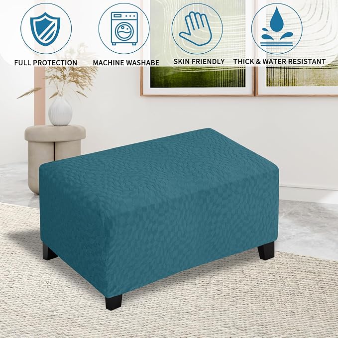 ZNSAYOTX 2026 Rectangle Ottoman Cover (L:35"-45") Super Stretch Soft Footrest Slipcover Form Fit, Universal Folding Foot Stool Covers with Non-Slip Elastic Band, Fashion Jacquard Texture, Teal