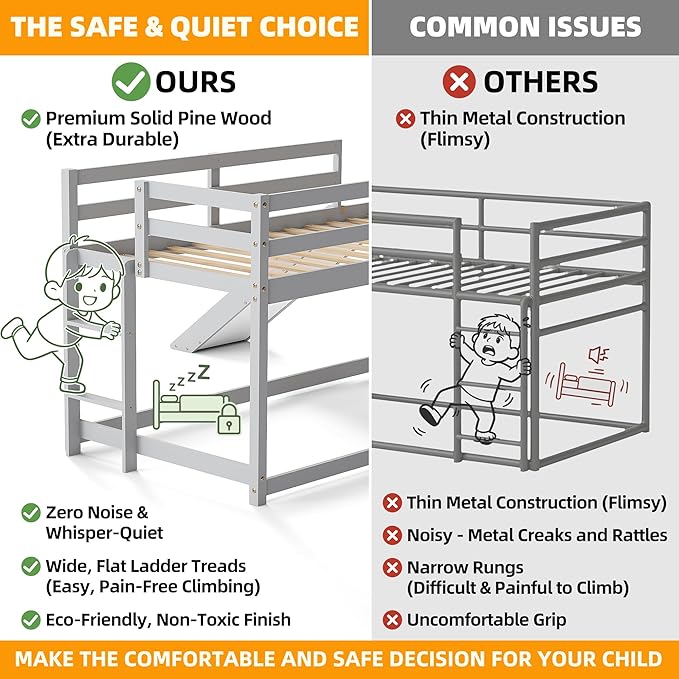 TOLEAD Low Bunk Bed with Slide, Floor Loft Bed with Climbing Ladder, Wood Twin Bunk Bed Frame with Full Guardrails & Storage Space for Kids Toddler
