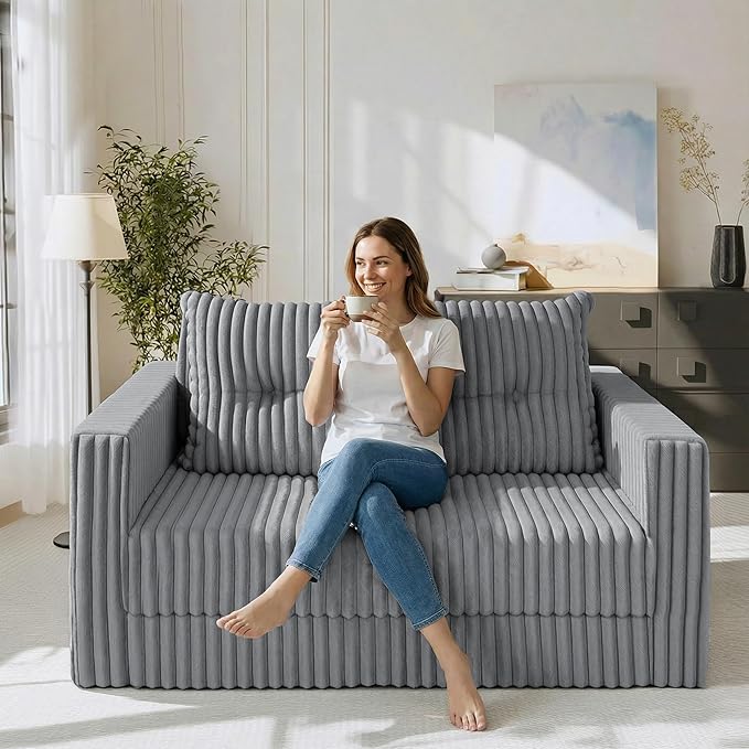 HABUTWAY 41.3" Loveseat Boneless Couch, 4-in-1 Convertible Sofa Bed, Plush Fur Folding Futon Sofa Bed Couches with a Pillow for Living Room, High-Density Foam Support, No Assembly Required, Light Grey
