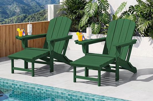 SERWALL Folding Adjustable Adirondack Chairs with Footrest Set of 2, HDPE Outdoor Chair with 4-in-1 Cup Holders, All Weather Adirondack Chair with Ottoman, Green