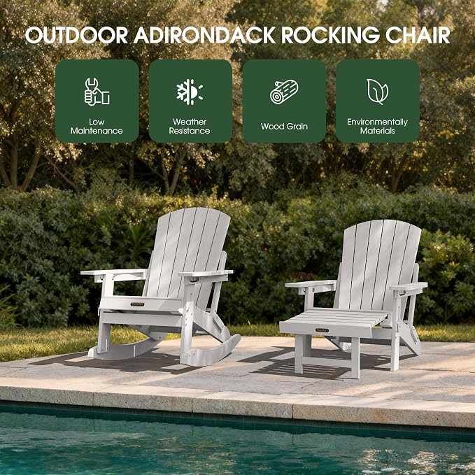 Adjustable Adirondack Rocking Chair with Retractable Ottoman Footrest, 4-in-1 Foldable HDPE Outdoor Rocker, Weather Resistant Adirondack Chair for Porch, Garden & Poolside, White