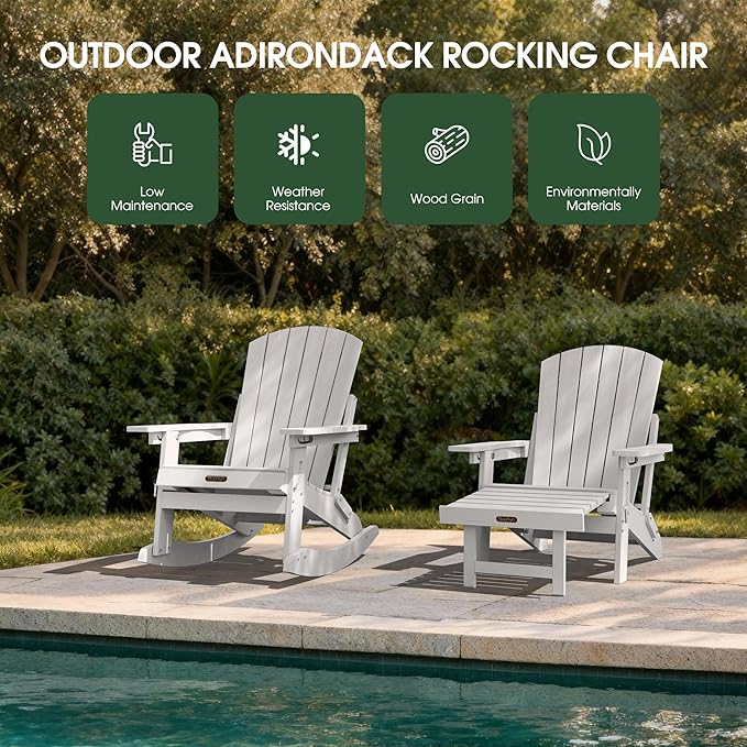 Adjustable Adirondack Rocking Chair Set of 2 with Retractable Ottoman Footrest, 4-in-1 Foldable HDPE Outdoor Rocker, Weather Resistant Adirondack Chair for Porch, Garden & Poolside, White