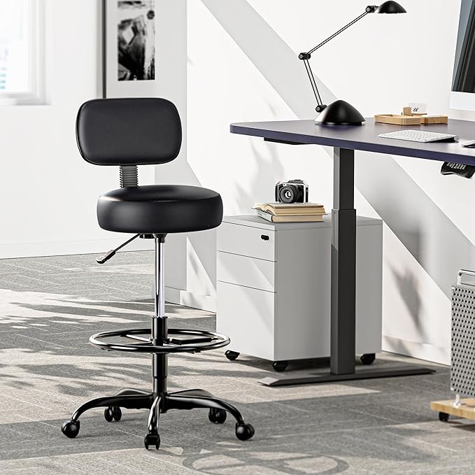 SUPERJARE Drafting Chair with Back, Adjustable Foot Rest Rolling Stool, Multi-Purpose Office Desk Chair, Thick Seat Cushion for Home Bar Kitchen Shop - All Black