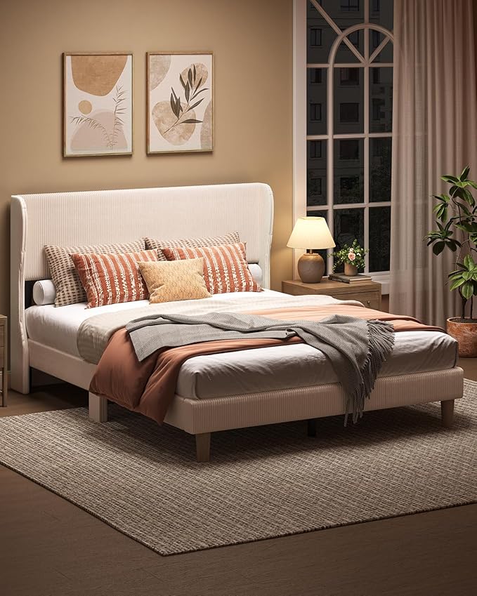 Bestier Queen Bed Frame with Wingback Headboard,Platform Queen Size Upholstered Bed with Strong Wooden Slats,No Box Spring Needed,Never Squeaks,Easy Assembly,Beige