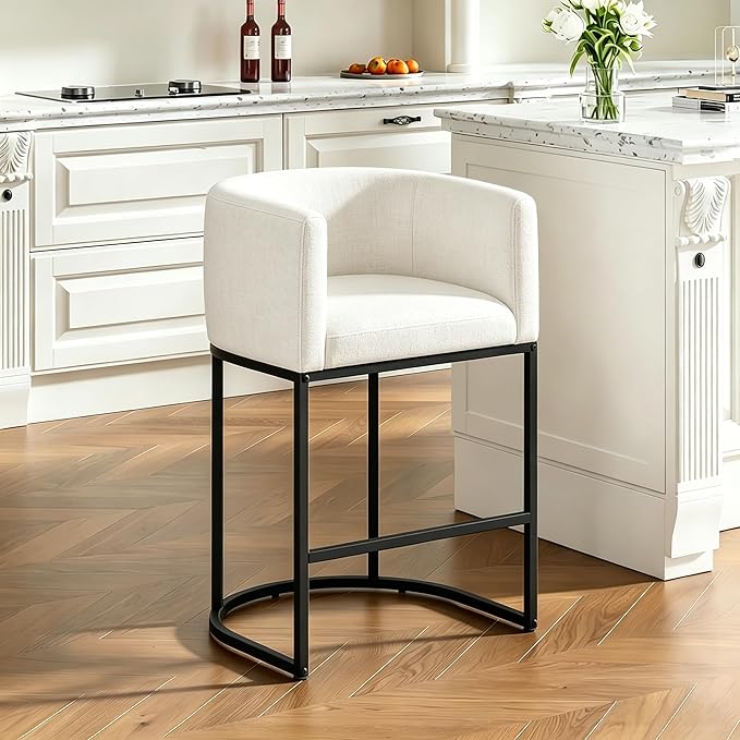 26" H Counter Height Bar Stools Set of 1, Modern Barrel Counter Stools with Backrest and Arms, Linen Fabric Upholstered Accent Barstools for Kitchen Island,Support 450 LBS (White)