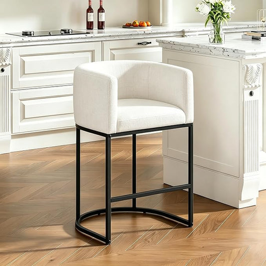 26" H Counter Height Bar Stools Set of 1, Modern Barrel Counter Stools with Backrest and Arms, Linen Fabric Upholstered Accent Barstools for Kitchen Island,Support 450 LBS (White)