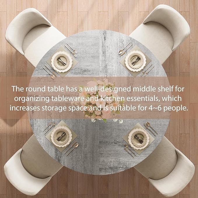 GarveeHome 47 in Inch Round Dining Table for 4, Farmhouse Dining Room Circle Dinner Table,Space Saving Wood Kitchen & Dining Room Furniture, Round Tables with Storage and Metal Legs, Grey (Only Table)