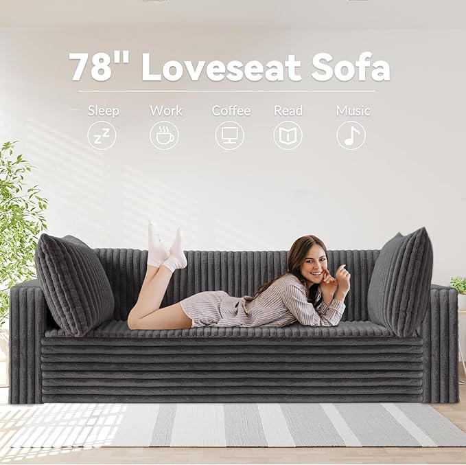 HABUTWAY 78" Loveseat Boneless Couch, 4-in-1 Convertible Sofa Bed, Plush Fur Folding Futon Sofa Bed Couches with 2 Pillows for Living Room, High-Density Foam Support, No Assembly Required, Grey