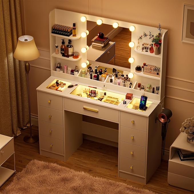 LAKEMID Vanity Desk with Mirror and Led Lights, Glass Top Makeup Table with 9 Drawers & Power Outlet,3 Lighting Modes & Adjustable Brightness,White Vanity Dressing Table for Women Girls Bedroom