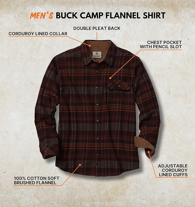 Legendary Whitetails Mens Long Sleeve Button Down 100% Cotton Flannel Shirt