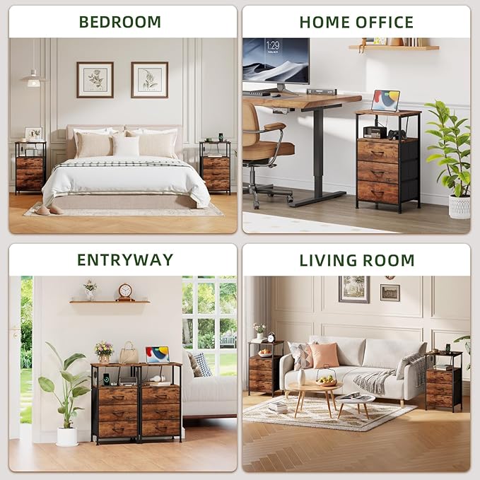 Somdot Nightstands Set of 2,Bedside Tables with Charging Station and LED Lights,Night Stand with 3 Drawers, End Tables with Open Shelf for Small Spaces Bedroom Entryway Hallway, Wood Grain Print